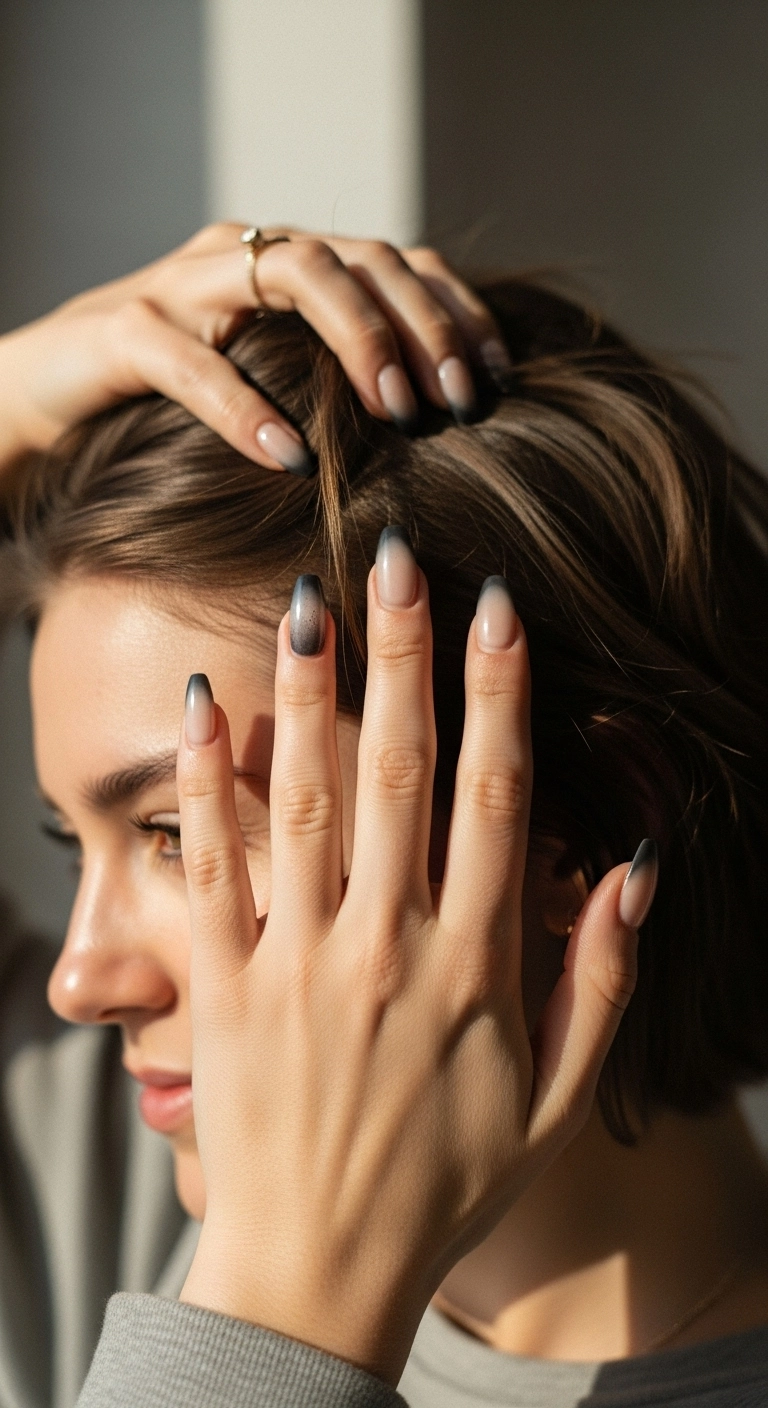 A modern French manicure with smoky charcoal gray gradient tips on almond-shaped nails.