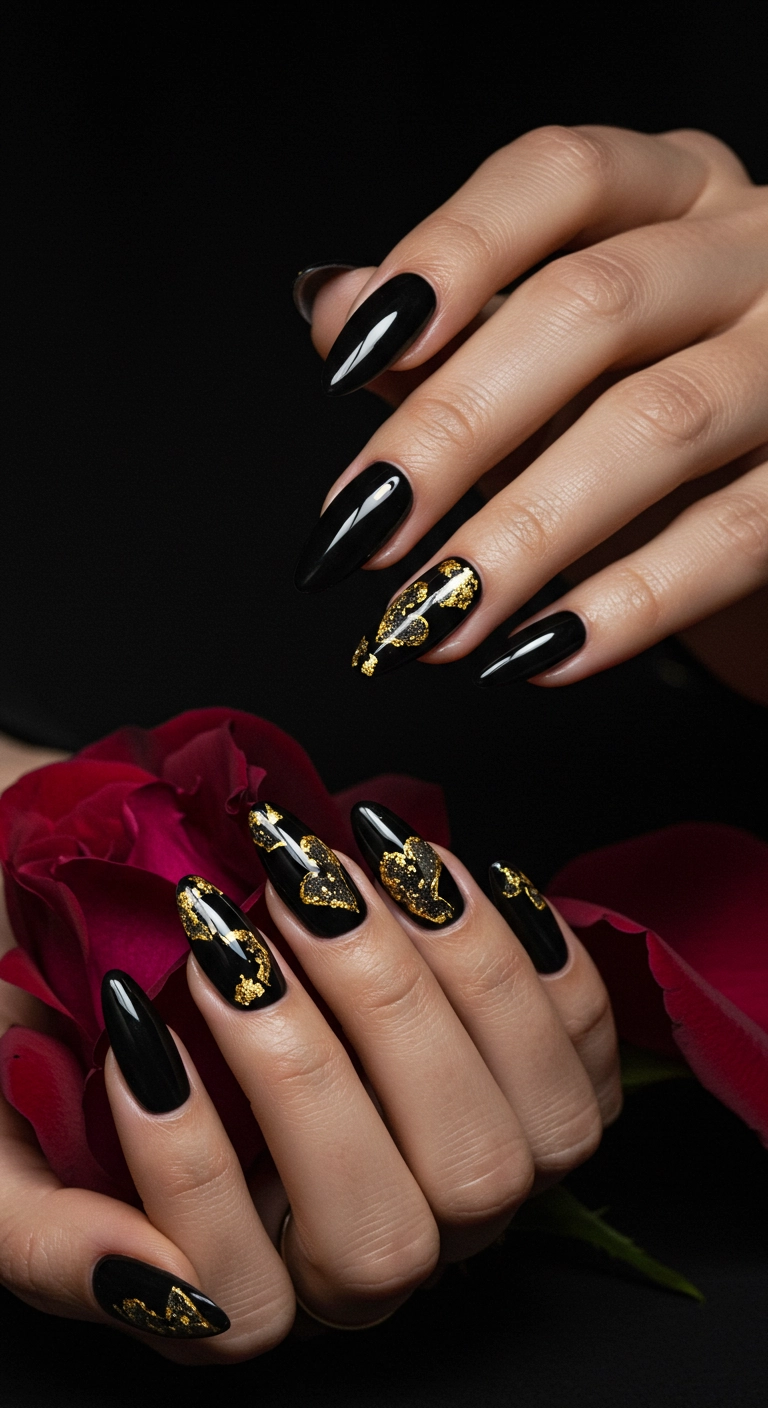 Elegant hands with glossy black nails and abstract gold foil accents in the shape of broken hearts.