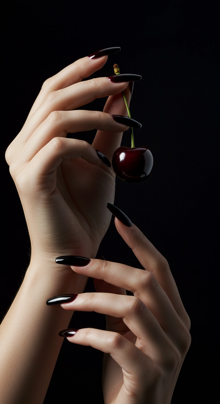 Long coffin nails with a glossy black to dark cherry red ombré effect.