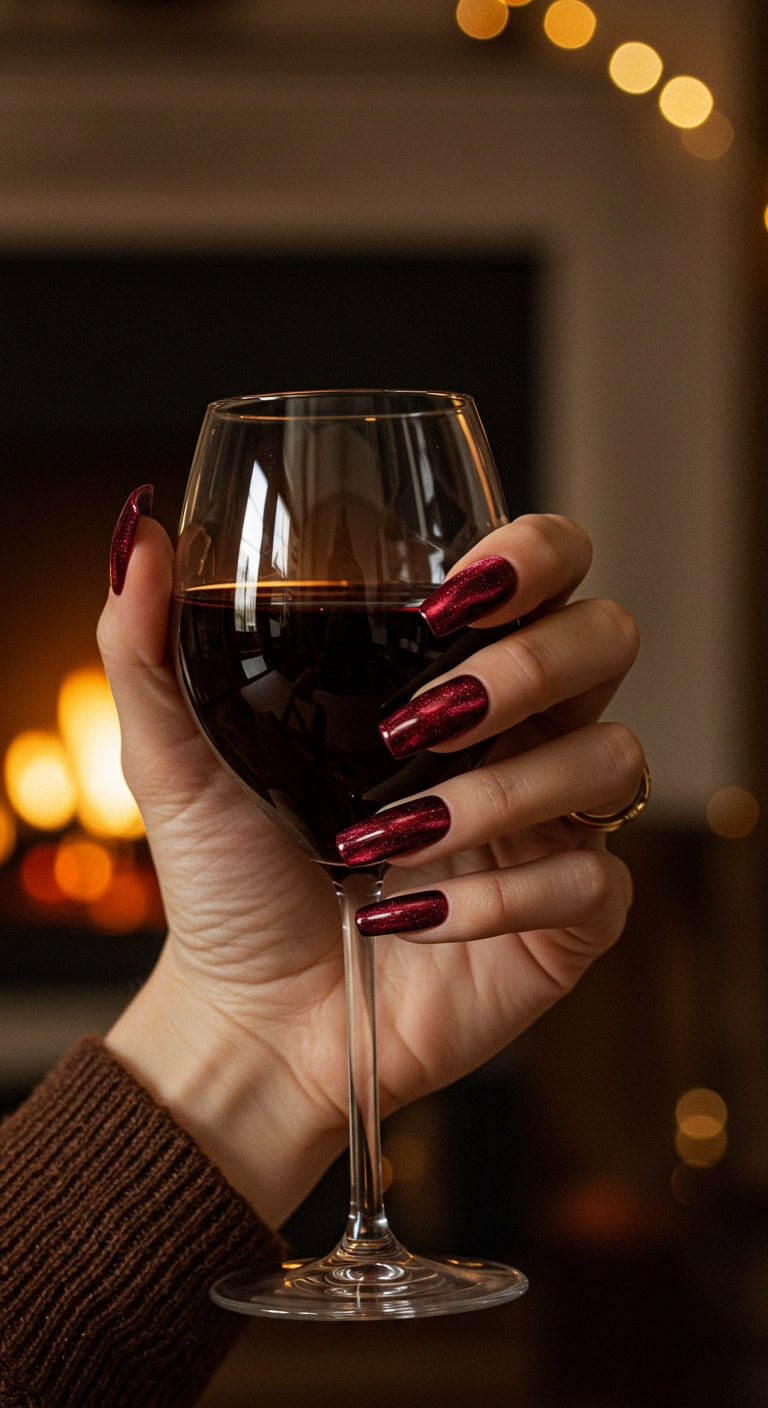 A hand with long square nails painted with a deep red velvet effect magnetic polish.