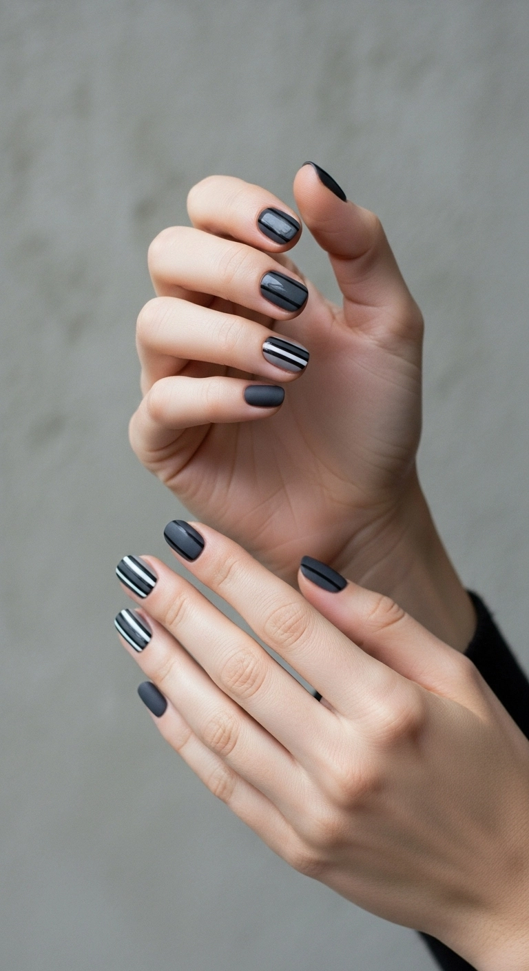 Short, rounded nails in a deep charcoal gray with alternating matte and glossy vertical stripes.