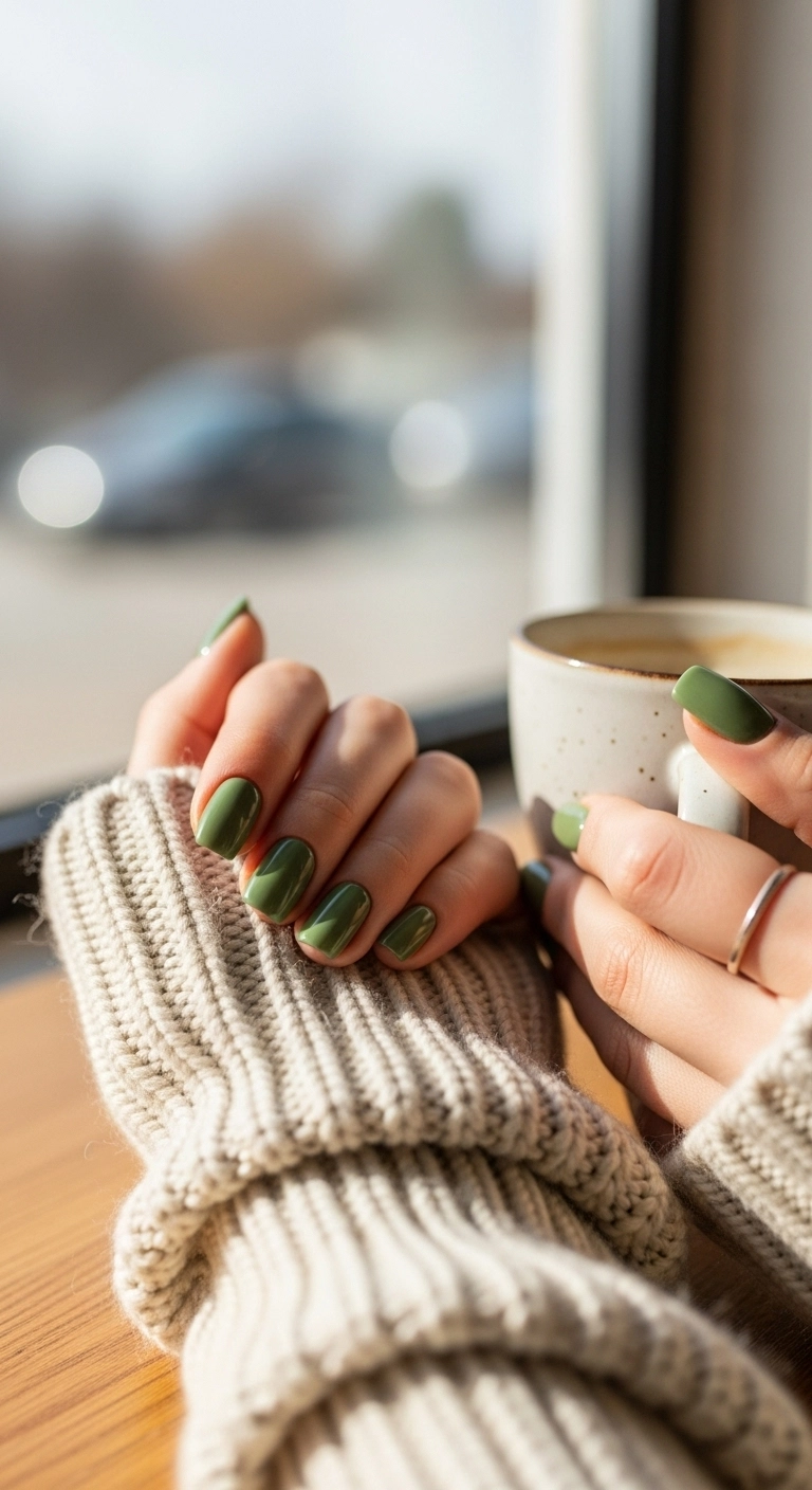 A close-up of hands with muted olive green early fall nails holding a ceramic mug.