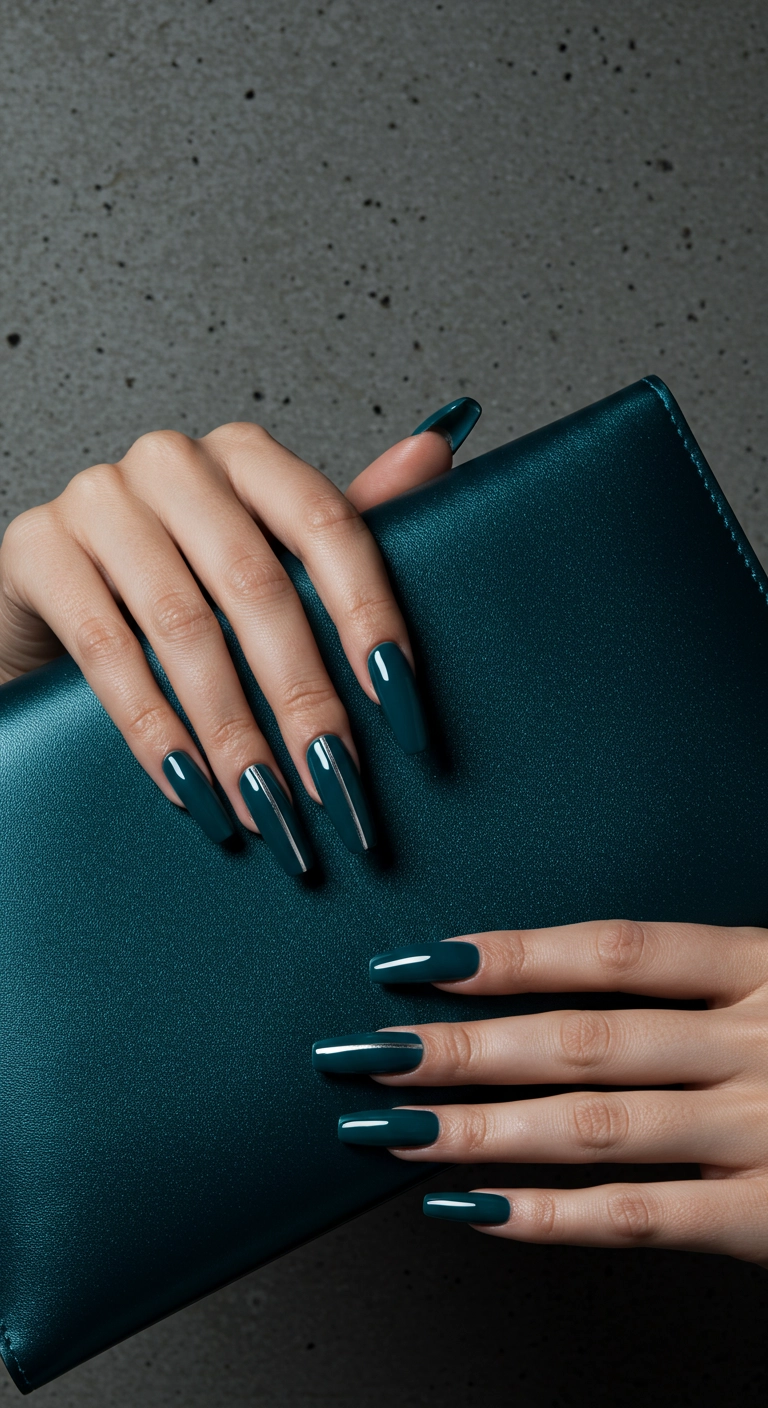 Long coffin nails in a deep teal color accented with a minimalist silver chrome stripe.