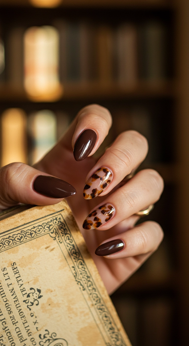 Almond-shaped nails with a chocolate brown base and a detailed tortoiseshell accent nail.