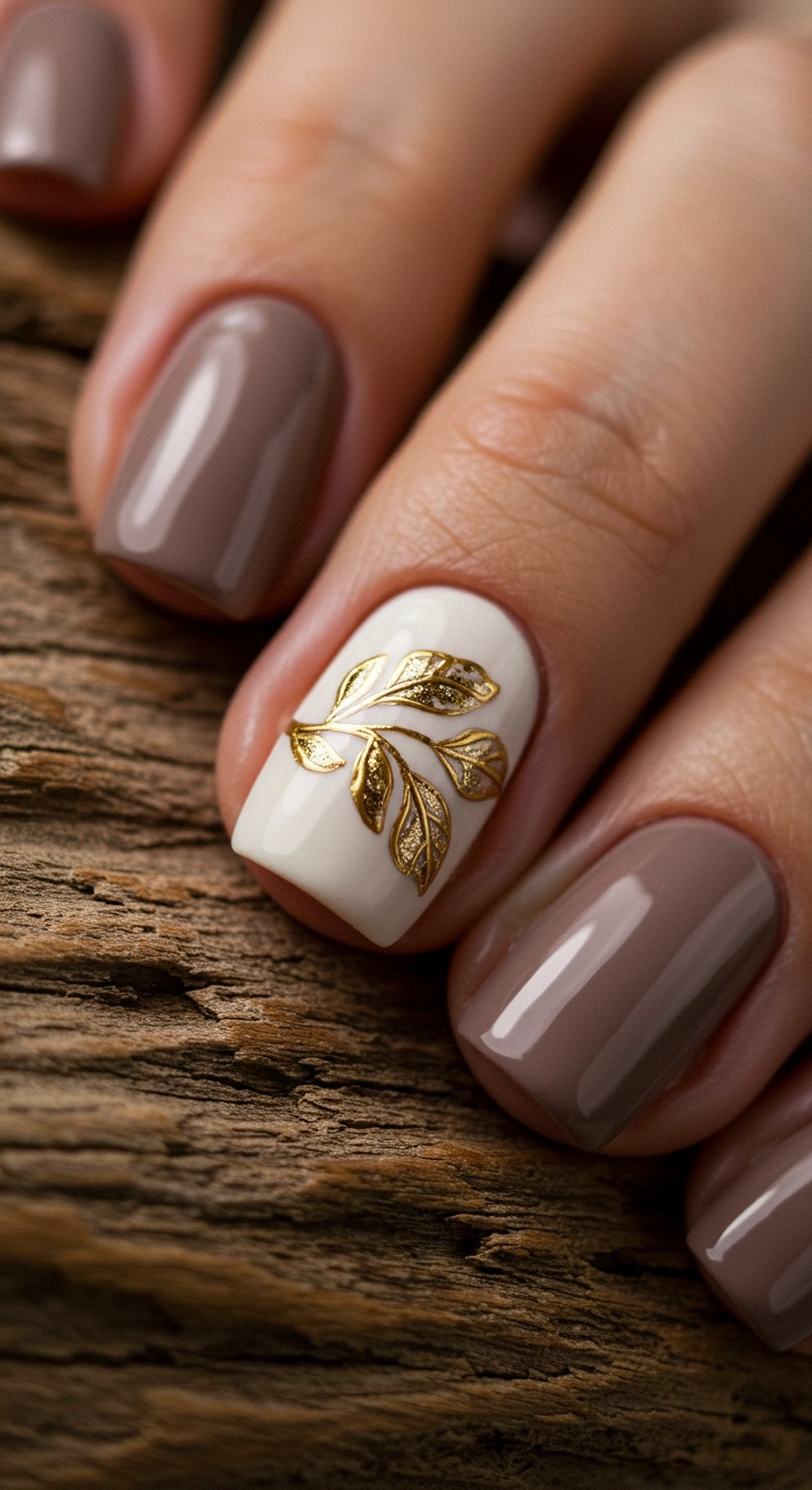 A close-up of a delicate gilded leaf design on an off-white accent nail.