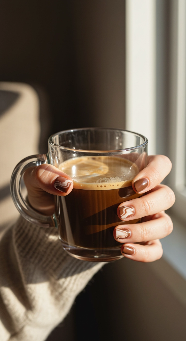 Coffee-inspired nail art with brown, cream, and taupe swirls on rounded nails.