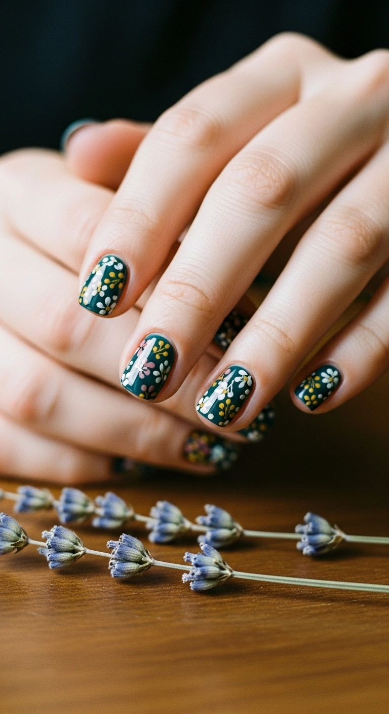 Dark teal nails with delicate, hand-painted micro florals in early fall shades.