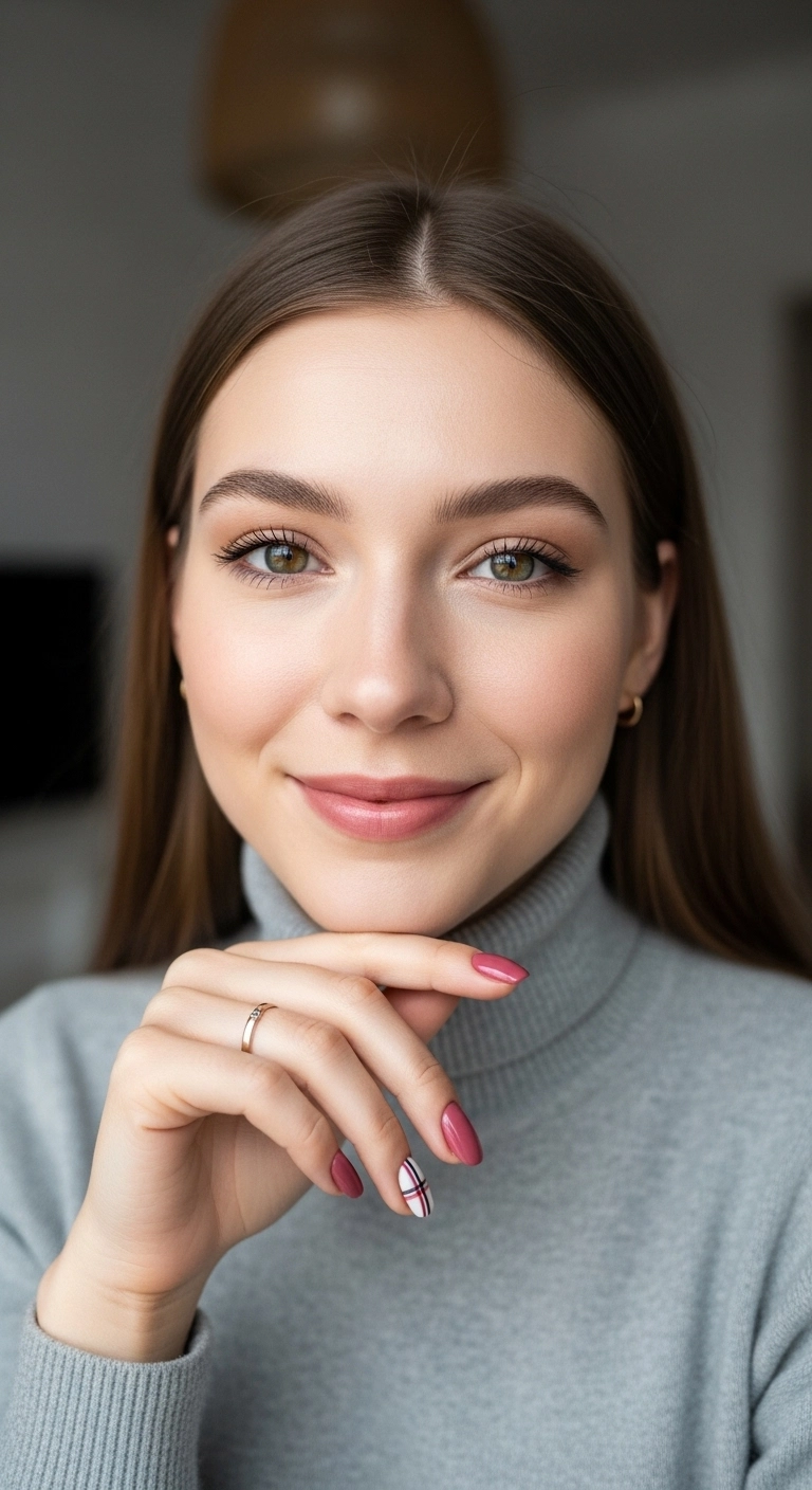 A dusty rose manicure with a delicate and subtle plaid accent nail for an early fall look.