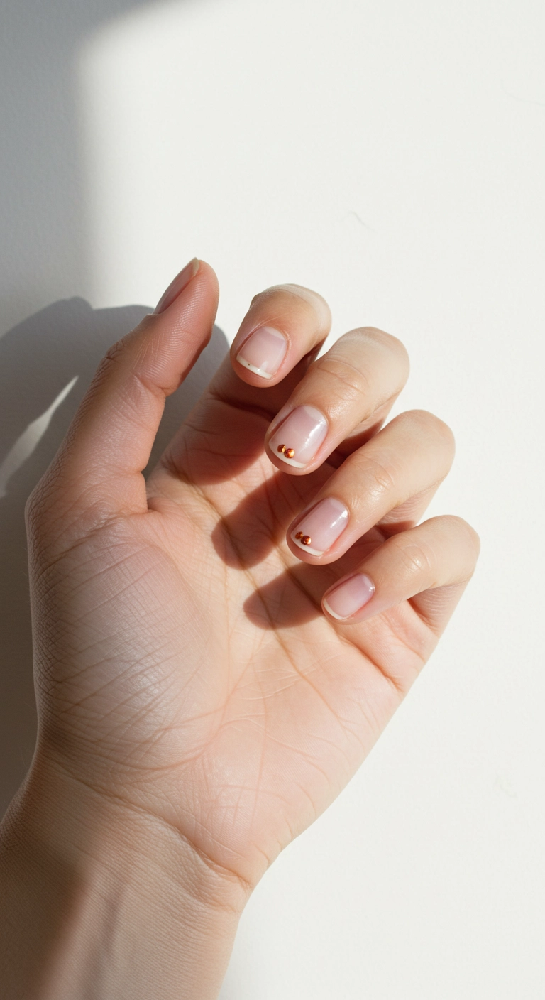 Minimalist nail art with a single copper dot at the base of each clean, glossy nail.