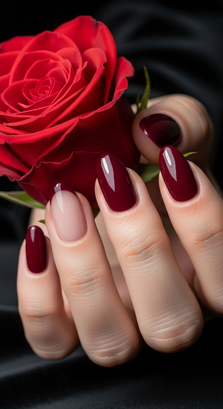 A sophisticated half-moon manicure in a deep, rich burgundy color perfect for early fall.