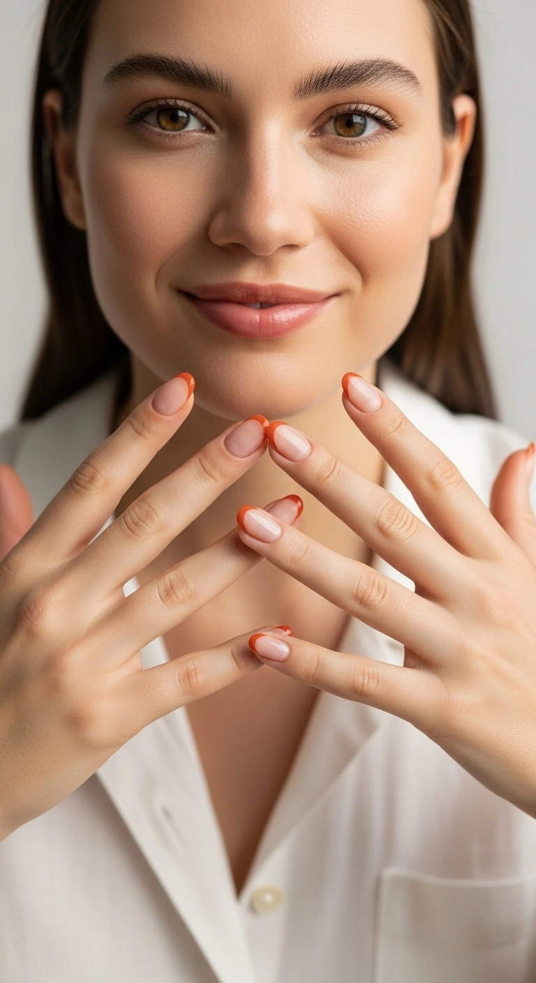 A modern French manicure with crisp, burnt orange tips perfect for early fall.