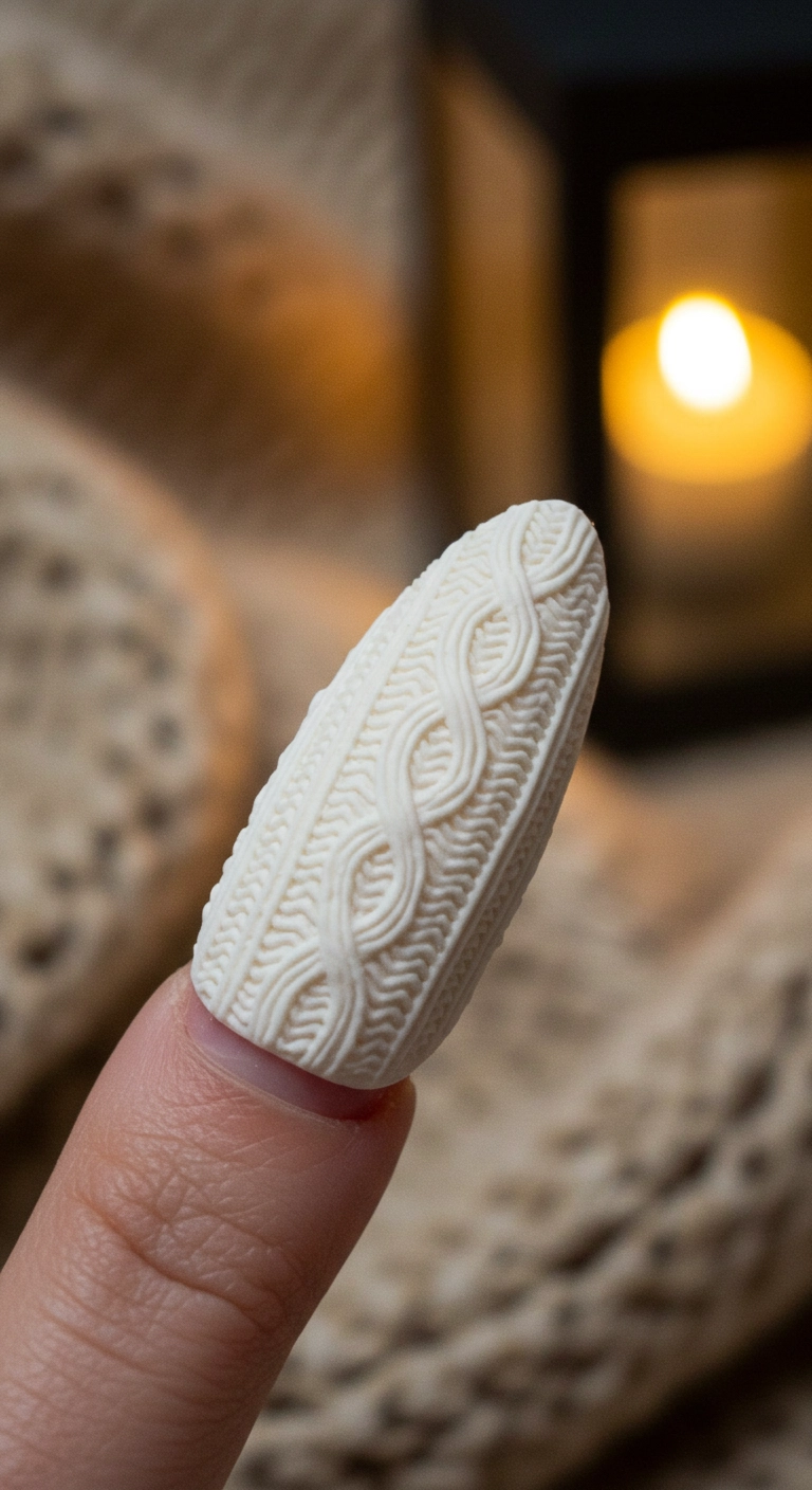 A close-up macro shot of a single nail with a 3D white sweater knit texture.