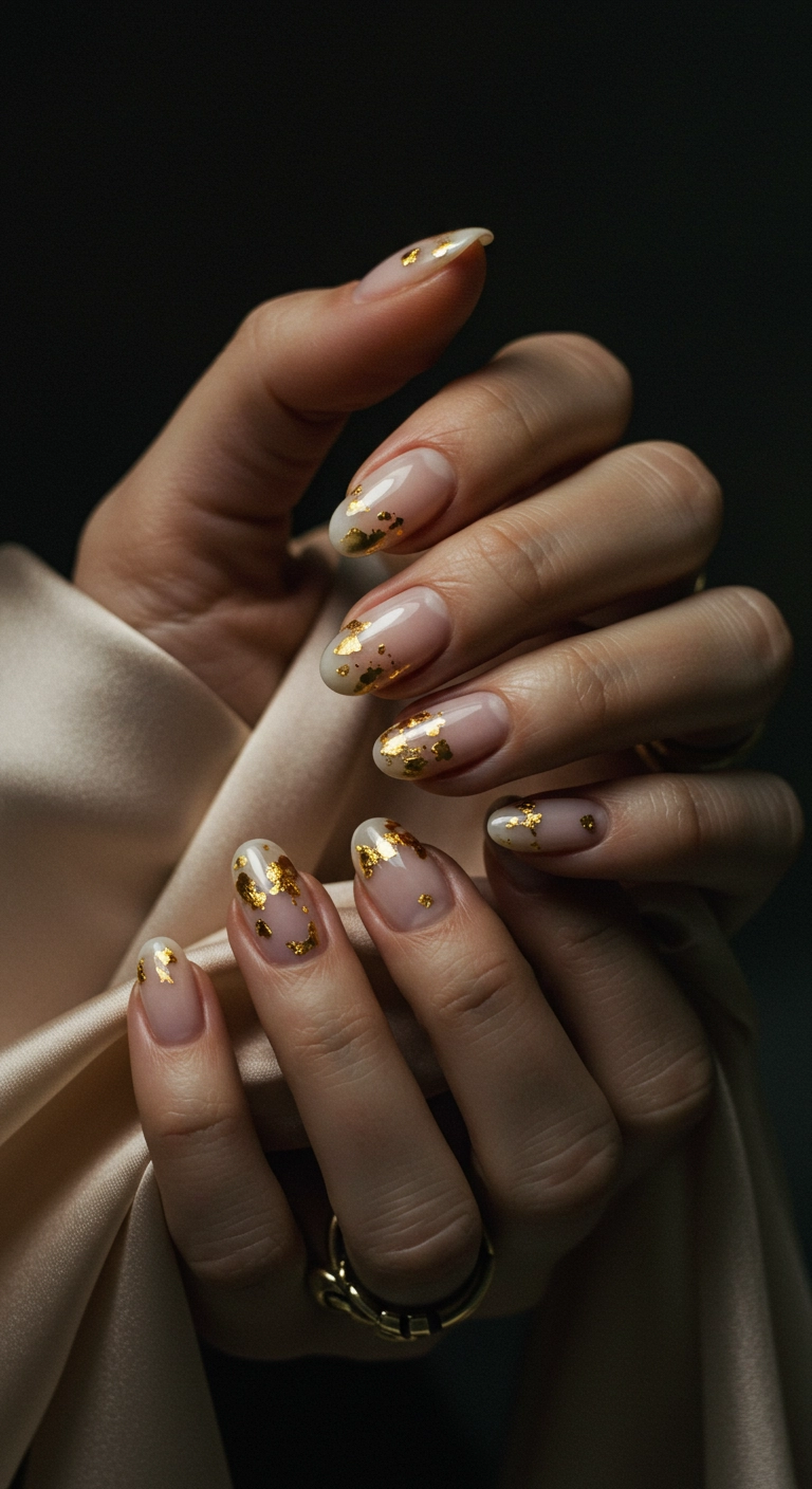Elegant nude nails adorned with abstract flecks of gold foil for a touch of autumn glam.