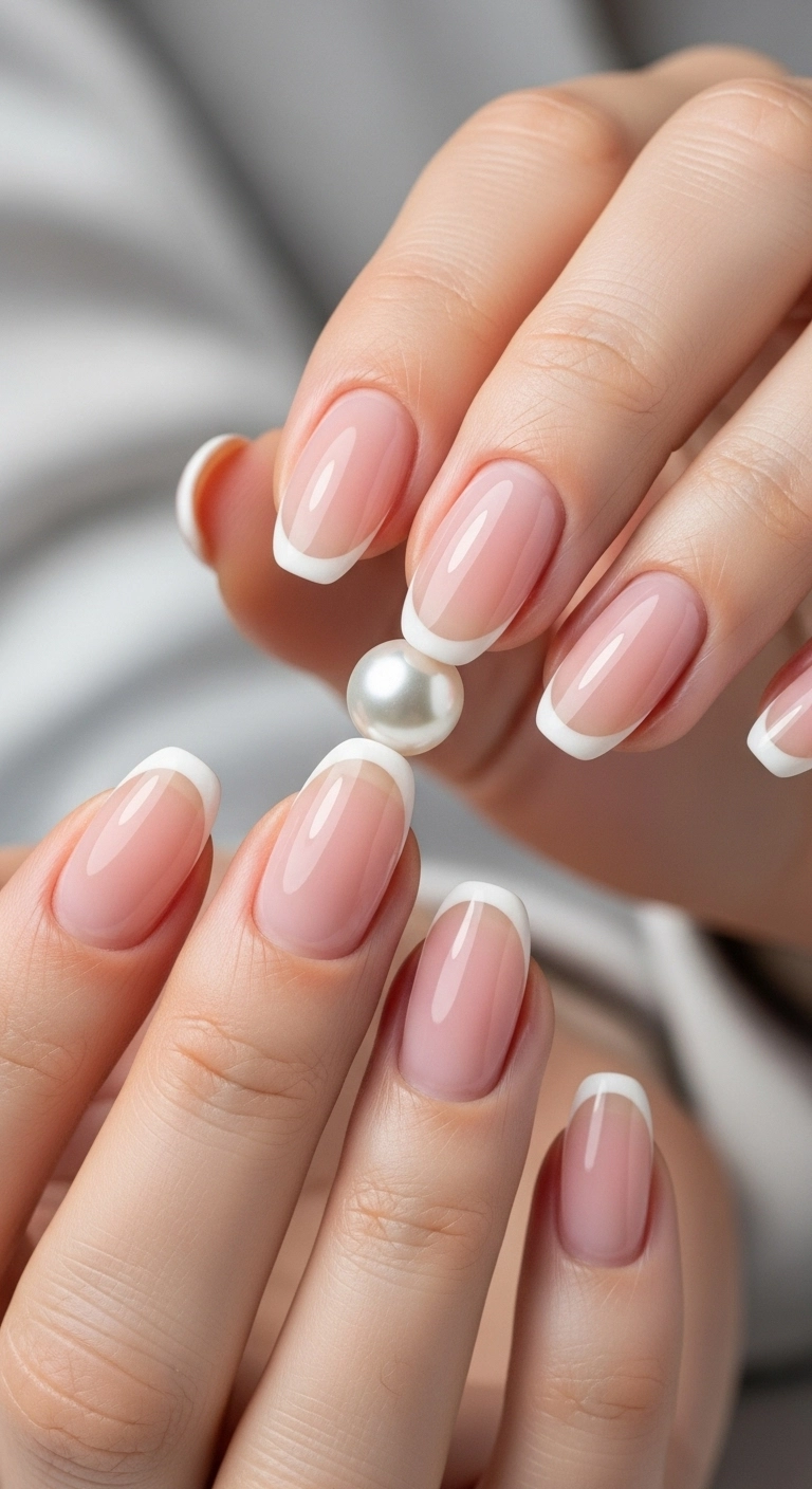 A micro French manicure with a very thin white tip on squoval nails.