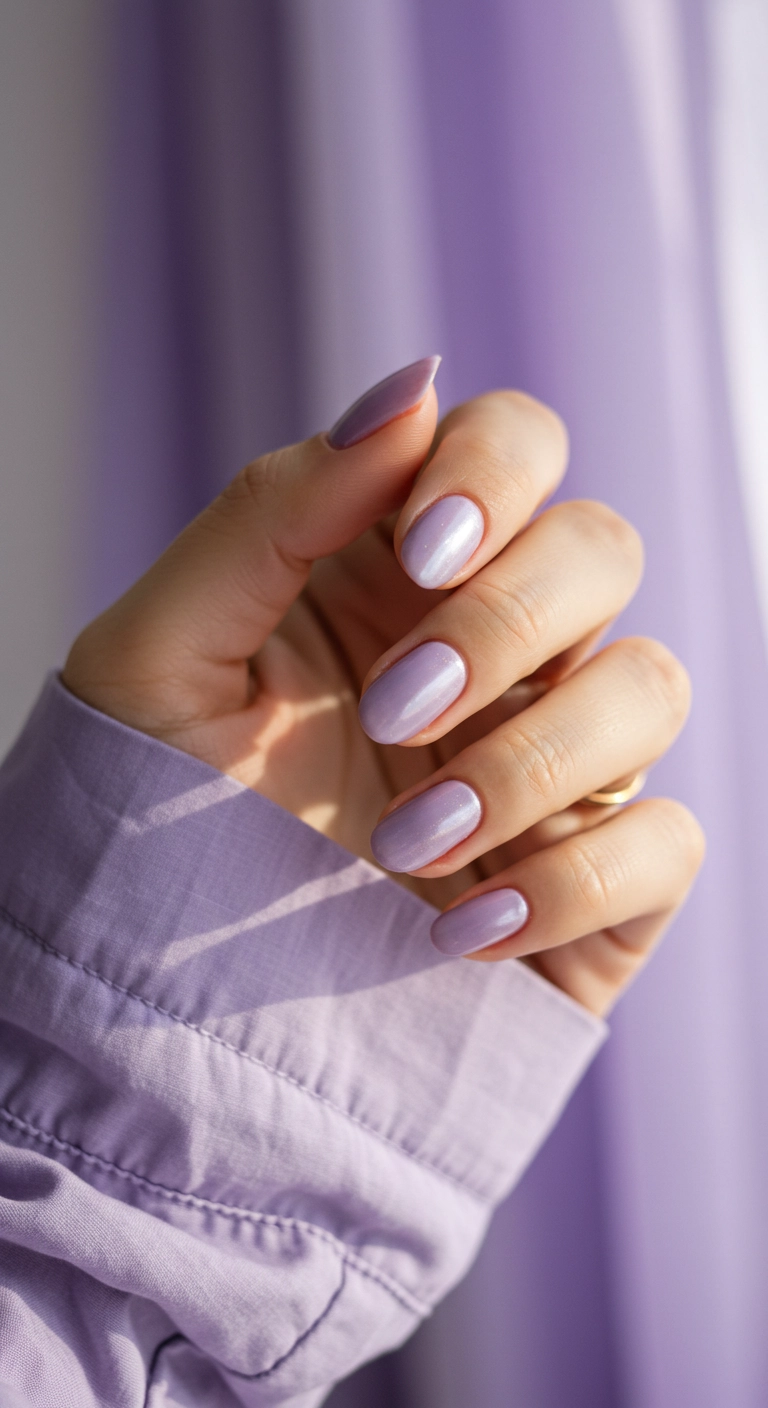 Almond-shaped nails in a soft, shimmery lavender color.