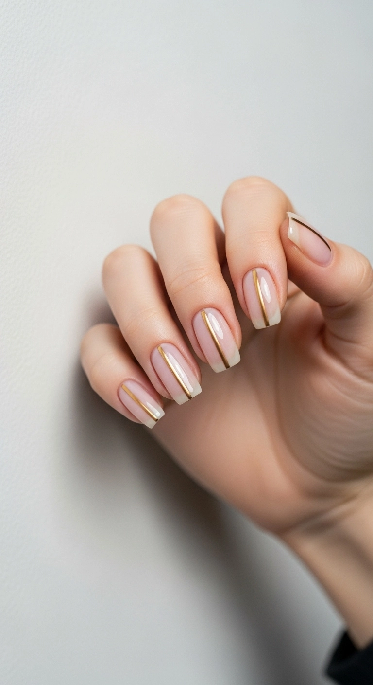 Natural nails with a clear coat and a single vertical gold line down the middle.