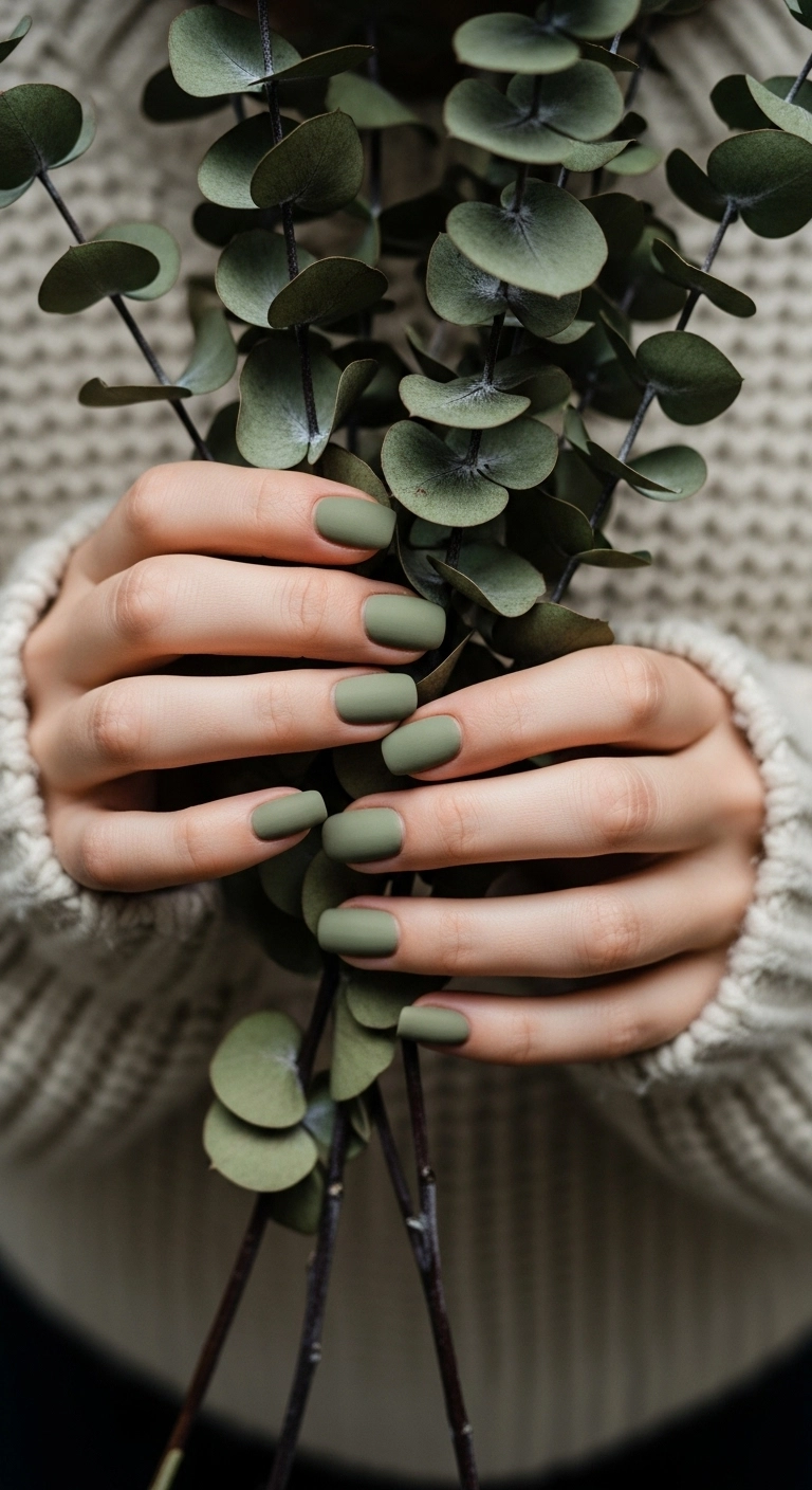 Short square nails with a calming, muted sage green polish with a matte finish.