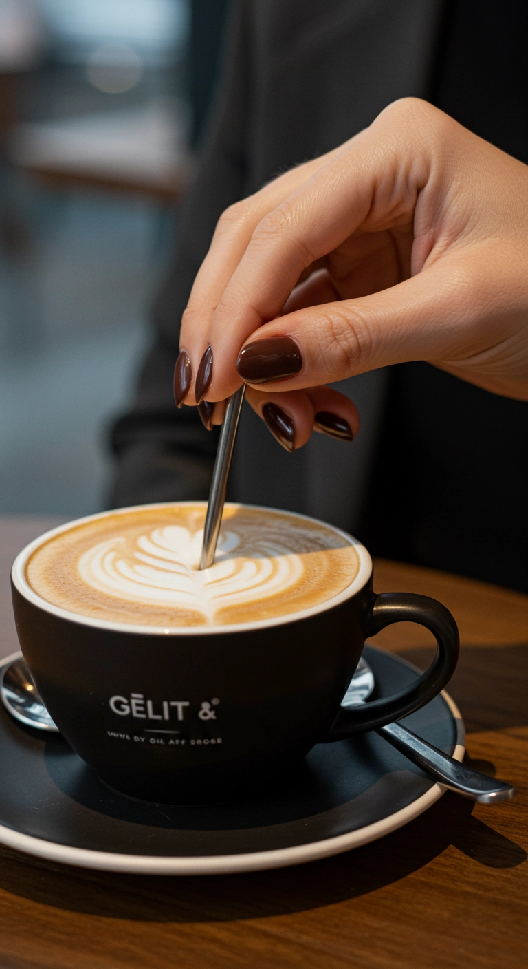 Glossy, oval-shaped nails painted in a rich, warm chocolate brown color.