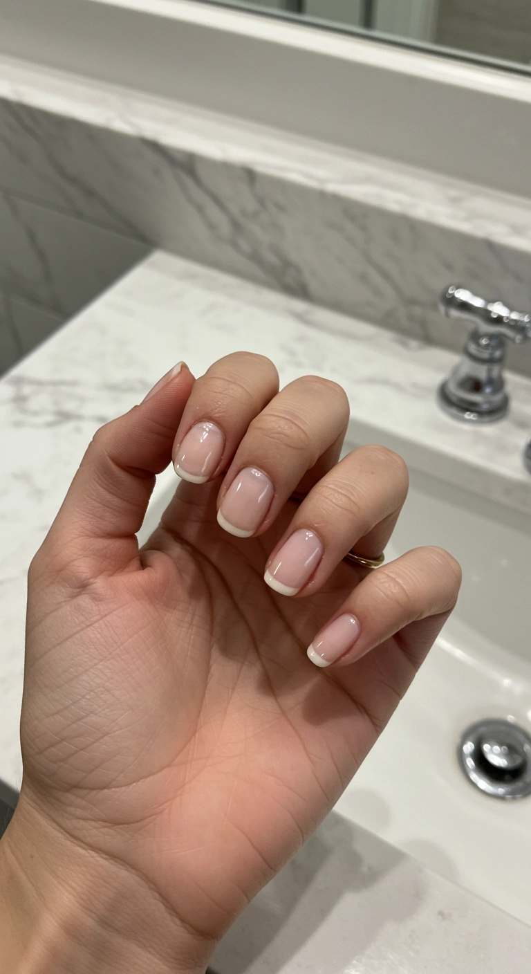 Very short, clean nails with a sheer, barely-there pink tint and a high-gloss shine.