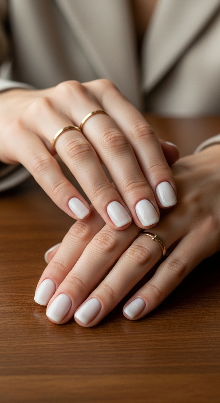 Short, rounded nails painted in a sheer, milky white color.