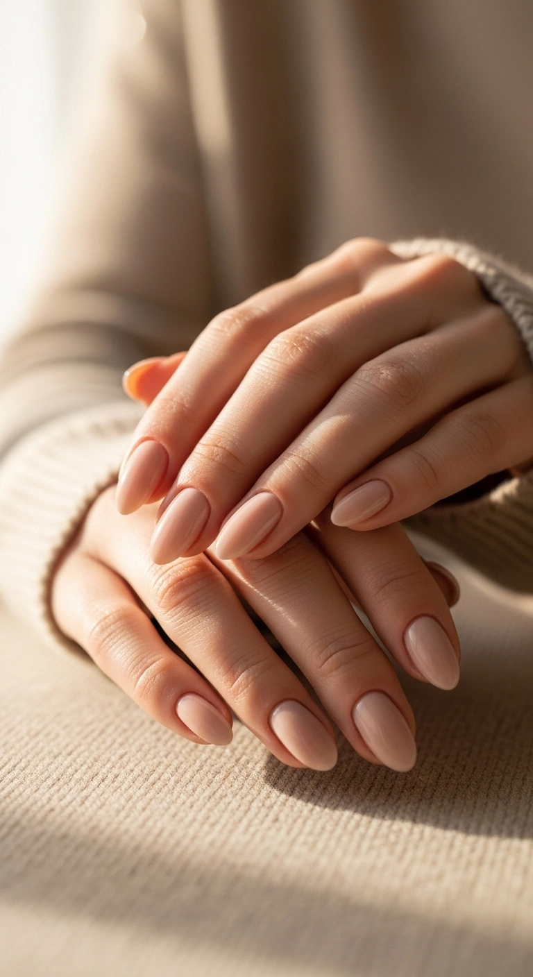 A close-up of perfectly manicured hands with glossy nude polish on almond-shaped nails.