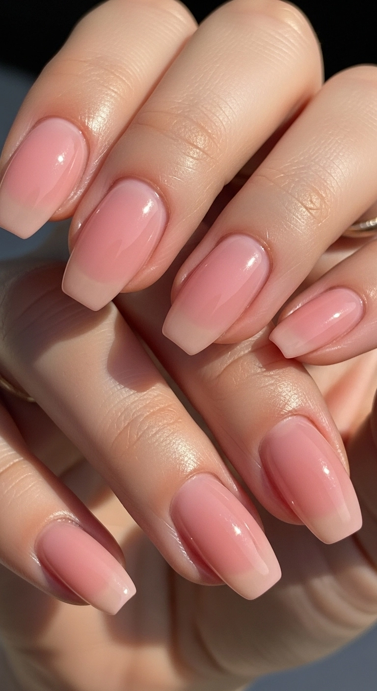 Super glossy, sheer pink nails that look like they've been coated in lip gloss.
