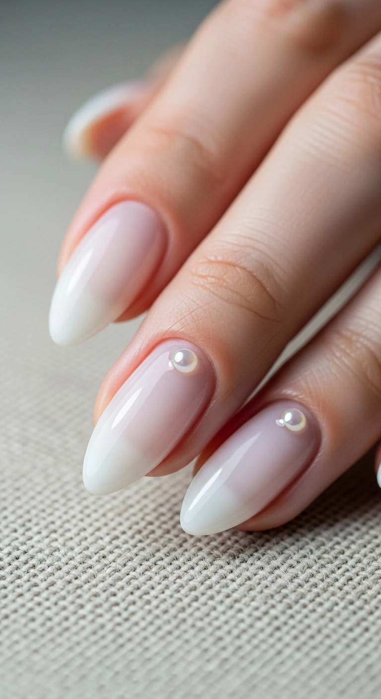 A single milky white nail adorned with a tiny pearl accent near the cuticle.