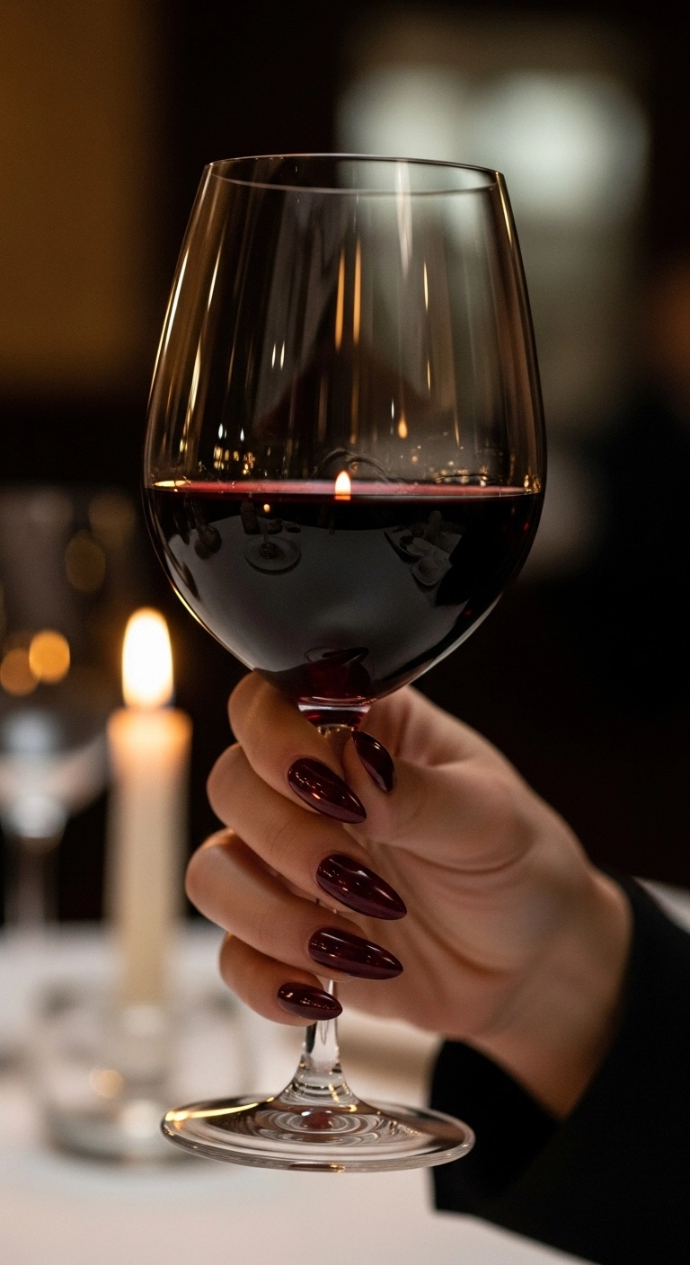 Long, almond-shaped nails painted in a deep, glossy burgundy polish.