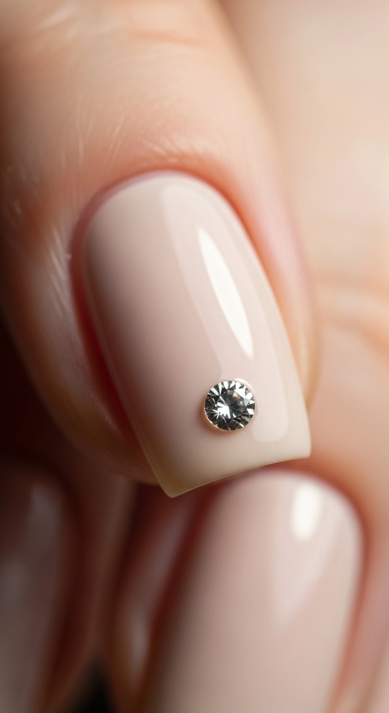 A single tiny crystal placed at the base of a matte beige nail.