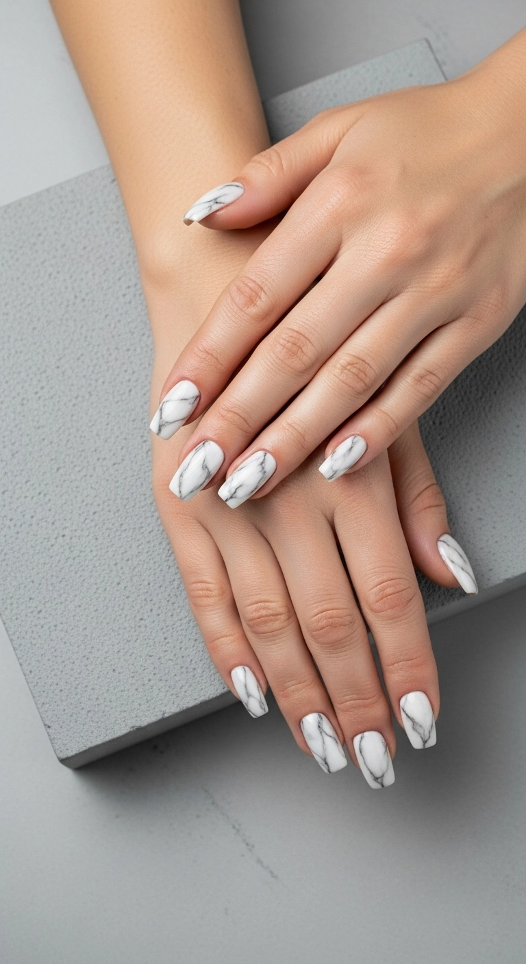 Long coffin-shaped nails with a realistic and subtle white and grey marble design.