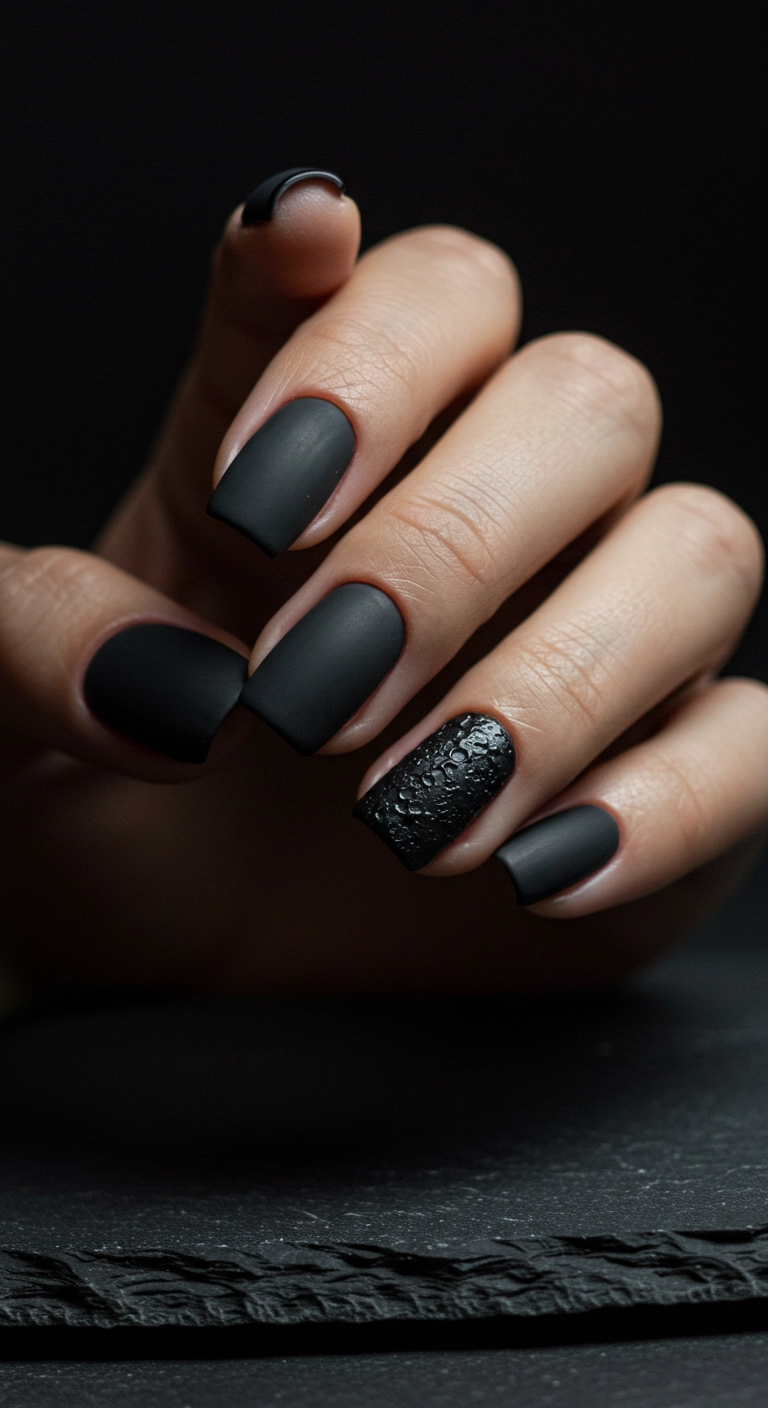 Matte black nails with a glossy black finish on the tips for a texture contrast.