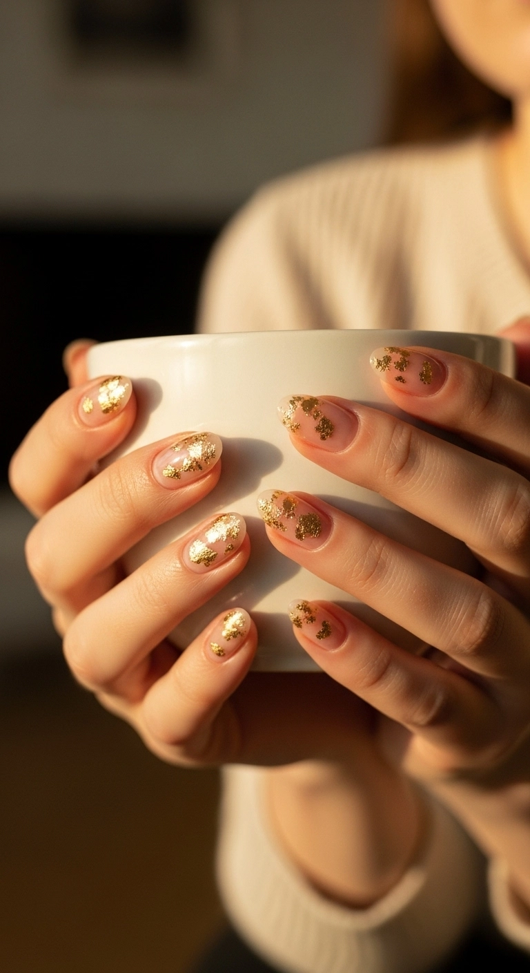 Clear glossy nails with delicate flecks of gold foil scattered across them.