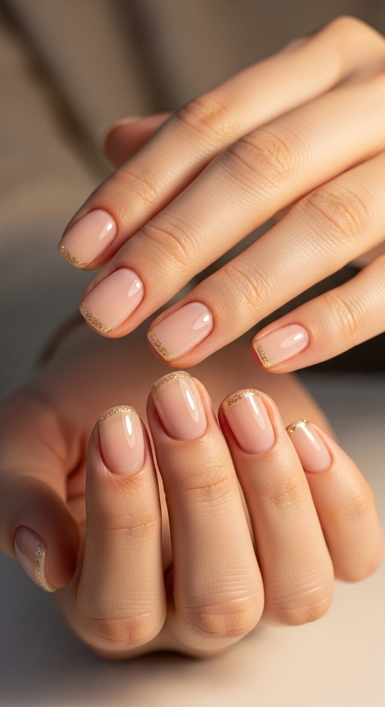 Short rounded acrylic nails in a sheer nude color with a delicate gold glitter line accenting the cuticle.