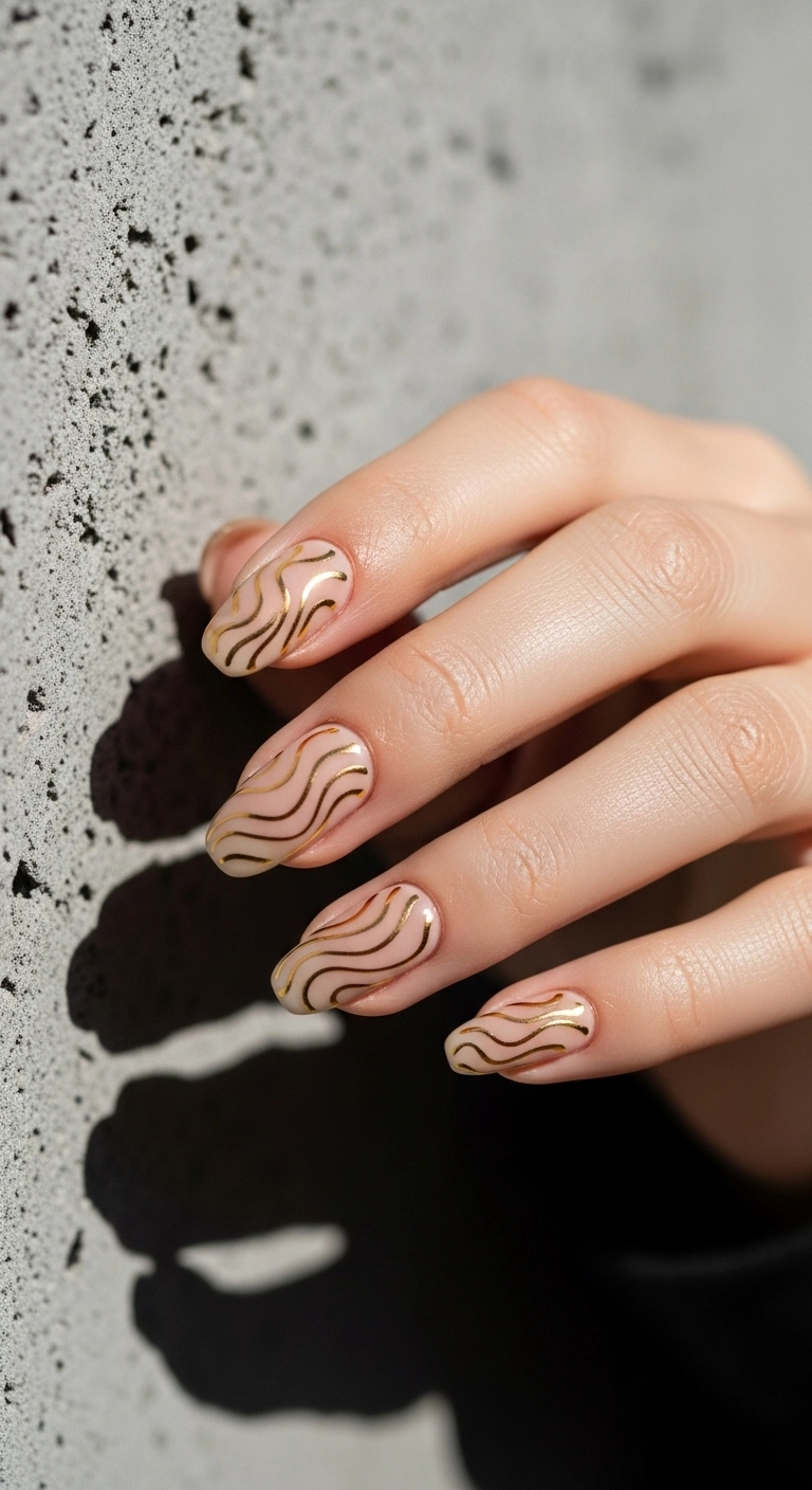Squoval acrylic nails with a matte nude base and elegant, abstract wavy lines in metallic gold.