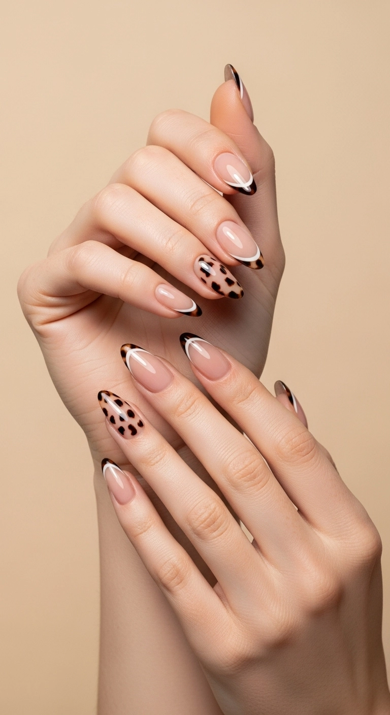 Almond-shaped acrylic nails with a modern French manicure featuring tortoiseshell tips.