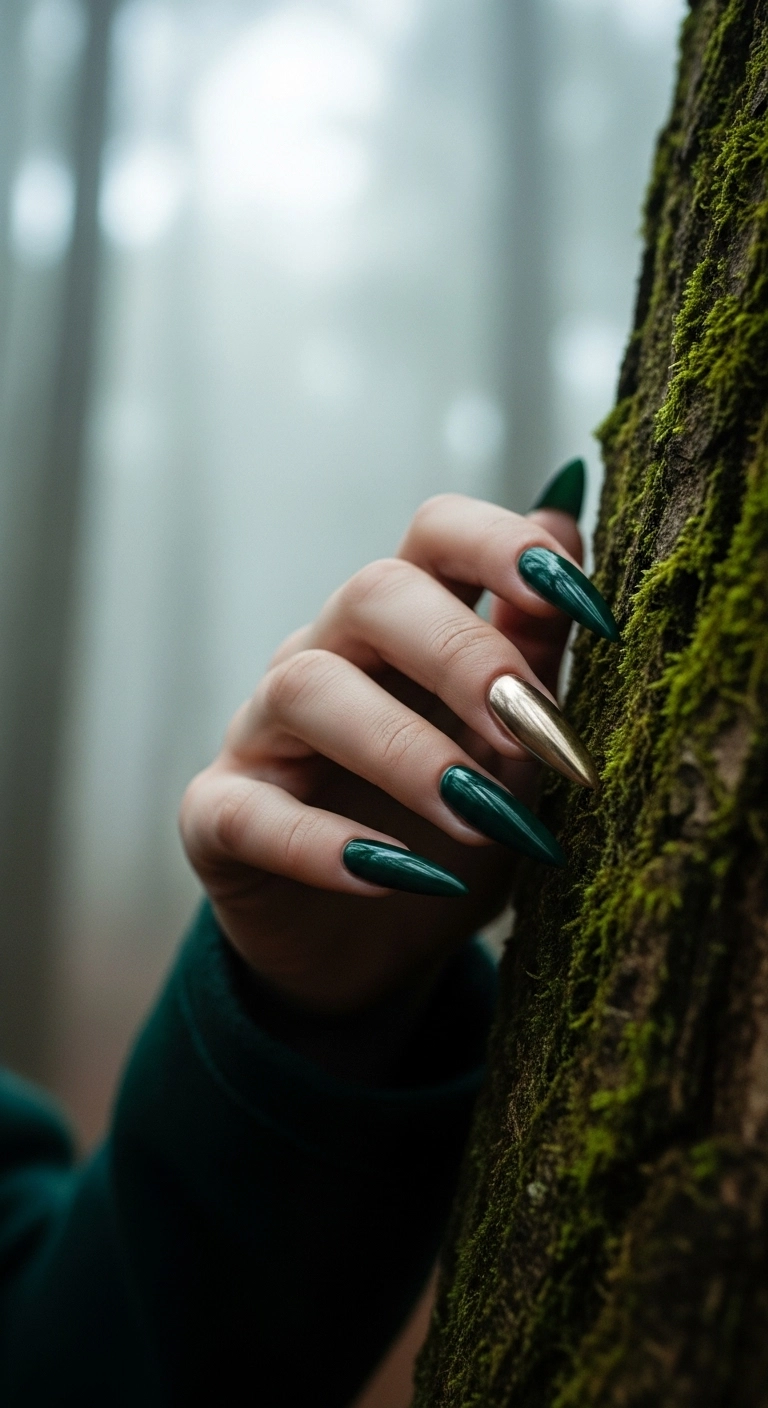 Long stiletto acrylic nails in a glossy, deep forest green color with a gold chrome accent nail.