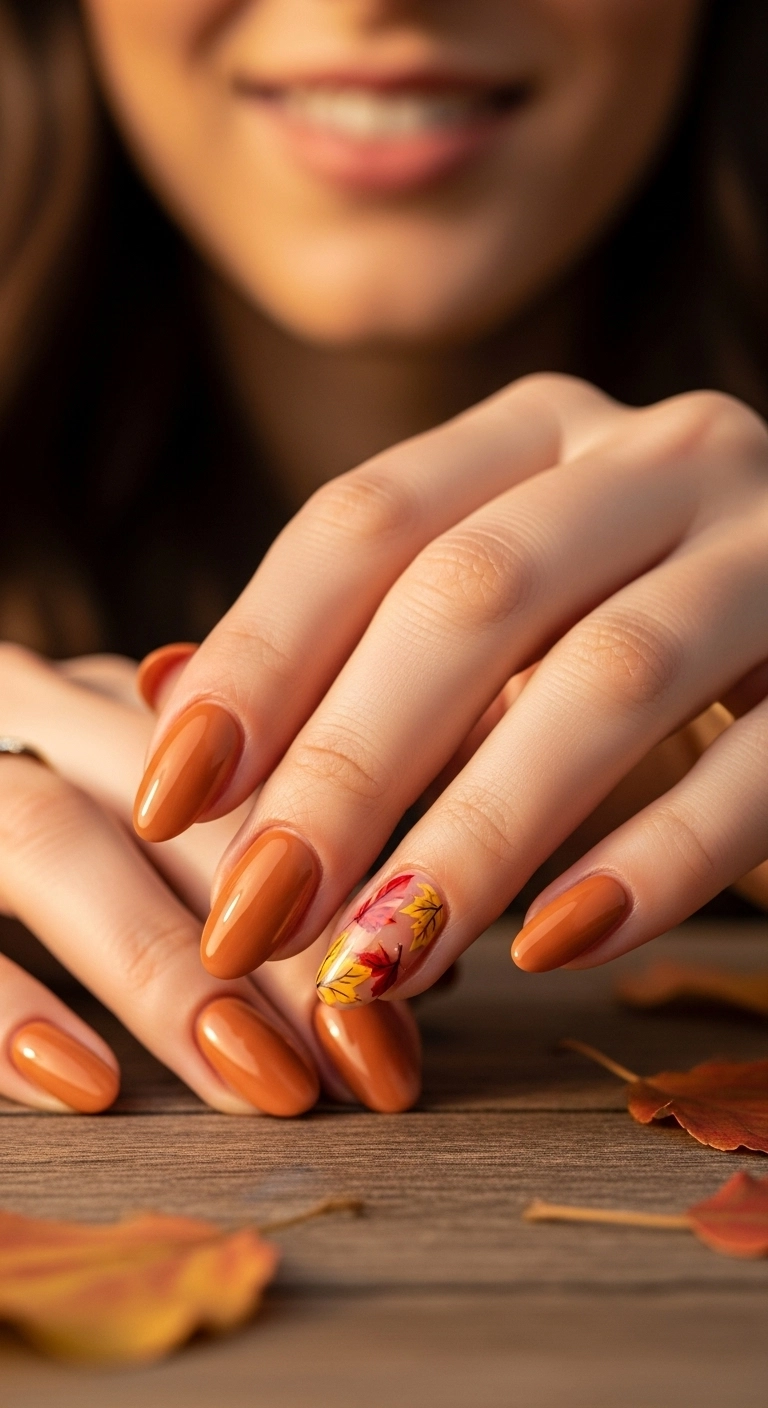 Oval acrylic nails in a warm caramel color with a detailed accent nail of painted autumn leaves.