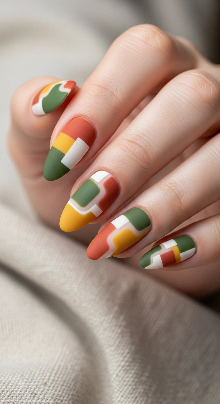 Almond acrylic nails with a matte abstract design using earthy tones like terracotta, olive green, and mustard.
