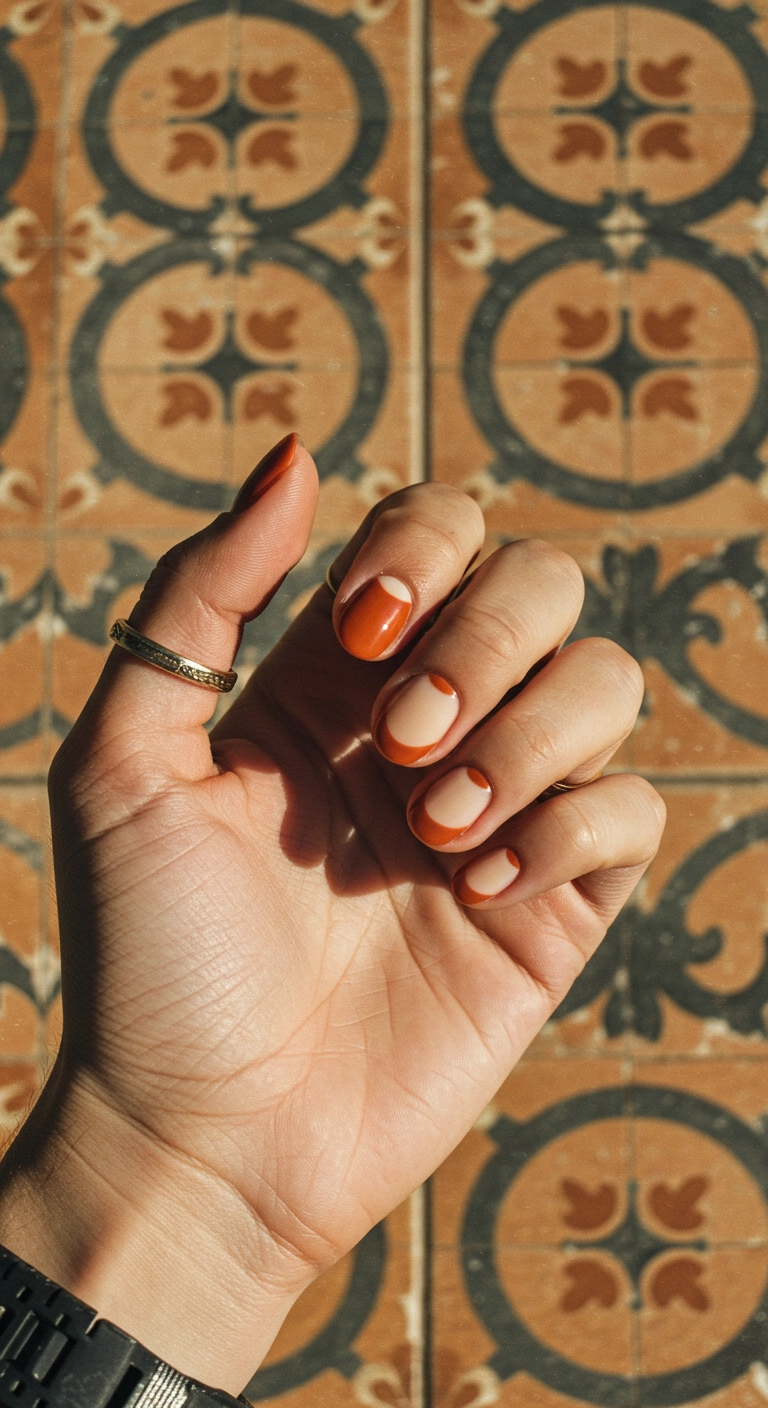 Short rounded acrylic nails with a glossy burnt orange and cream half-moon design.