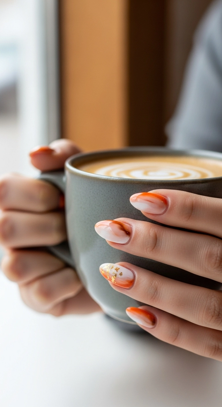 Almond-shaped acrylic nails with a pumpkin spice latte swirl marble design in orange, white, and brown.