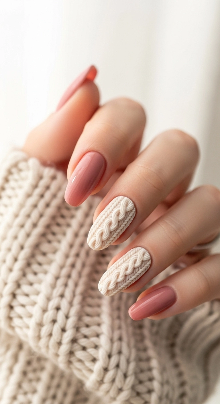 Squoval acrylic nails with a 3D cream-colored cable knit sweater design and dusty rose nails.