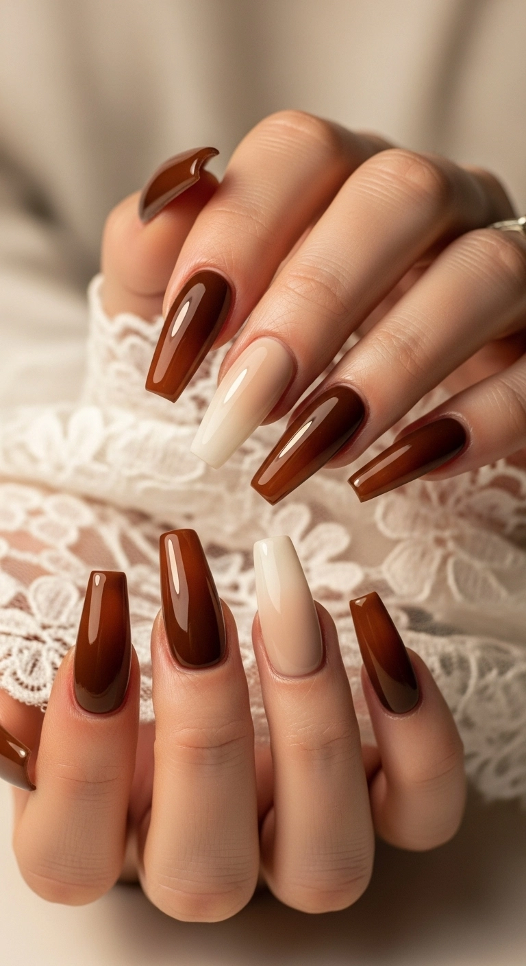 Long coffin acrylic nails with a glossy ombré effect from dark espresso brown to light latte.