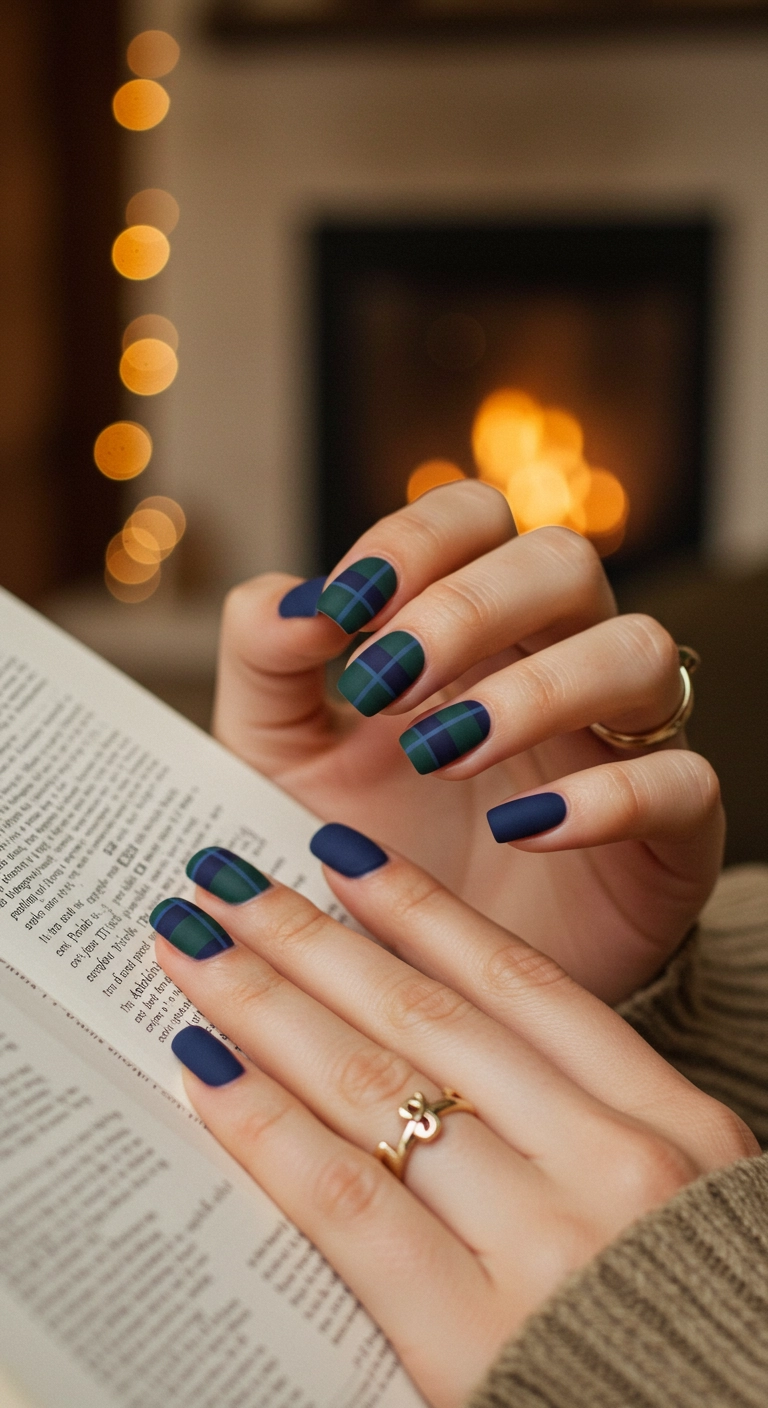 Square acrylic nails with a matte plaid design in navy blue, dark green, and beige.