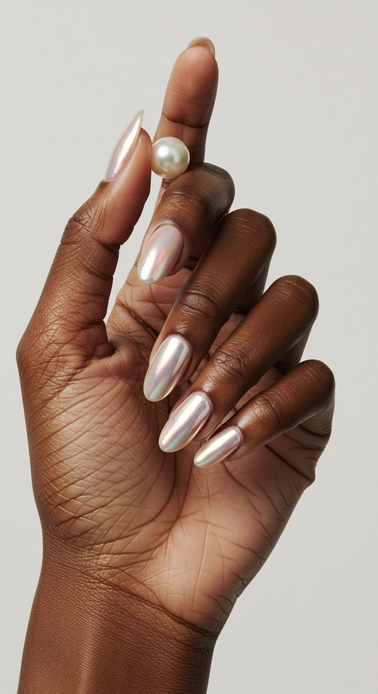 Oval acrylic nails with a pearlescent chrome