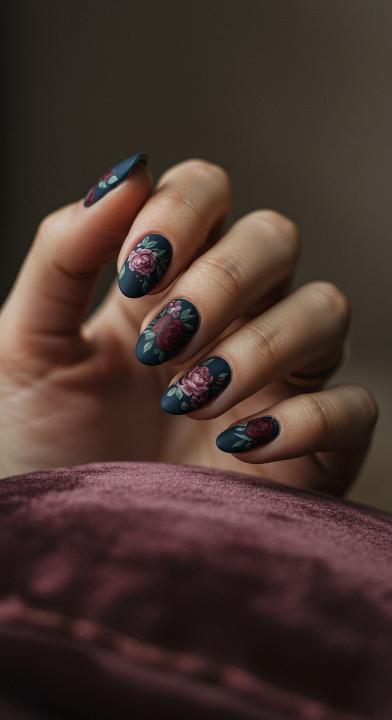 Oval nails with a moody floral pattern on a dark navy base with a matte finish.