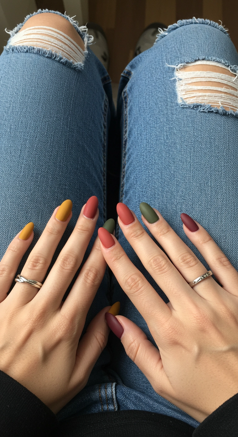 A top-down shot of almond nails painted in five different matte autumn colors.
