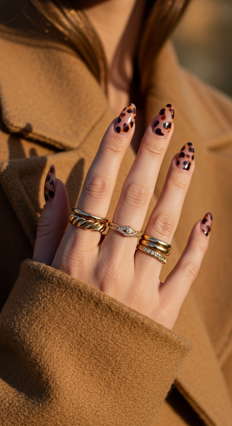 An editorial shot of elegant tortoiseshell nails on an almond shape.