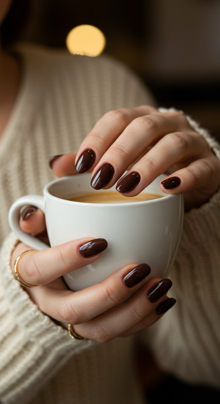 A close-up of glossy chocolate brown nails on an almond-shaped manicure.