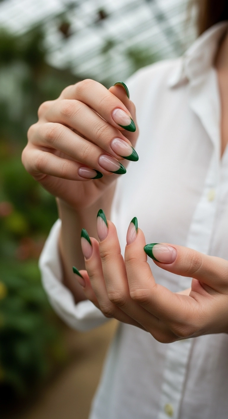 A modern French manicure with deep forest green tips on almond-shaped nails.