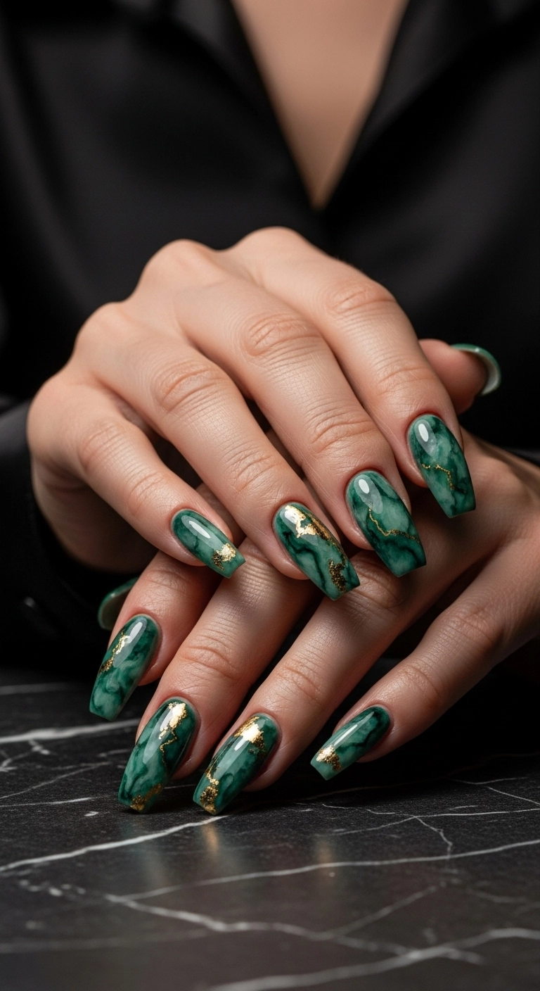 A macro shot of coffin-shaped nails with a moody green and gold marble design.